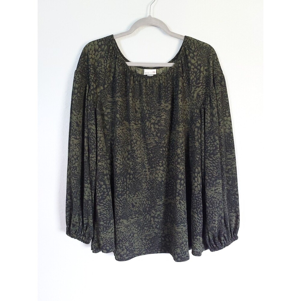 Ava And Viv Balloon Sleeve Top Size 1X Black Green Floral Boho Shirt Blouse NWT